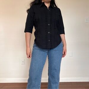 Y2K NWT Old Navy Black Embroidered button up blouse with 3/4 sleeves // size M